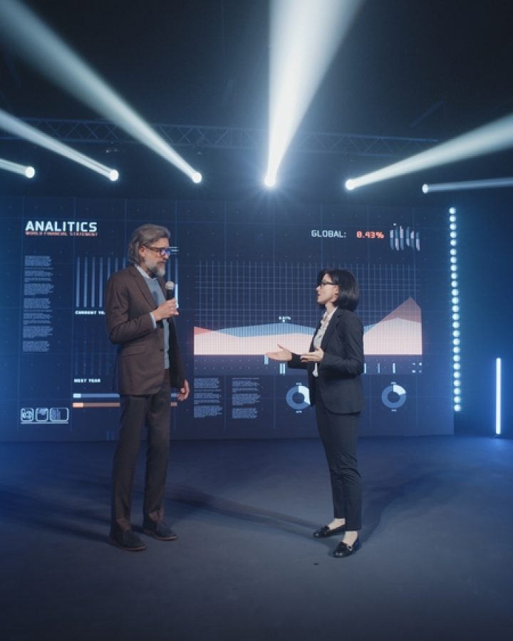 An,Adult,Businessman,On,The,Stage,In,Casual,Clothes,Telling